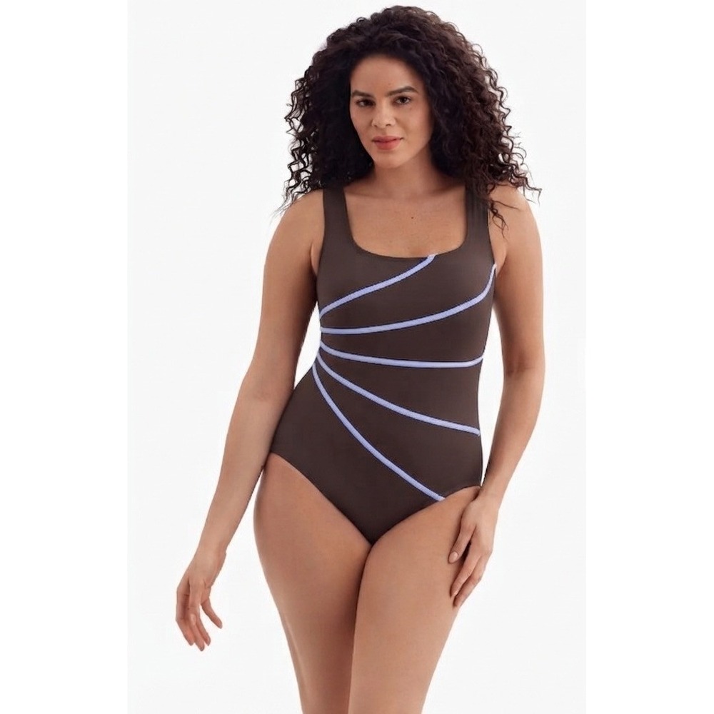 Longitude Women's Long Torso Fan Tank One Piece Swimsuit Brown Blue Size 12 EUC